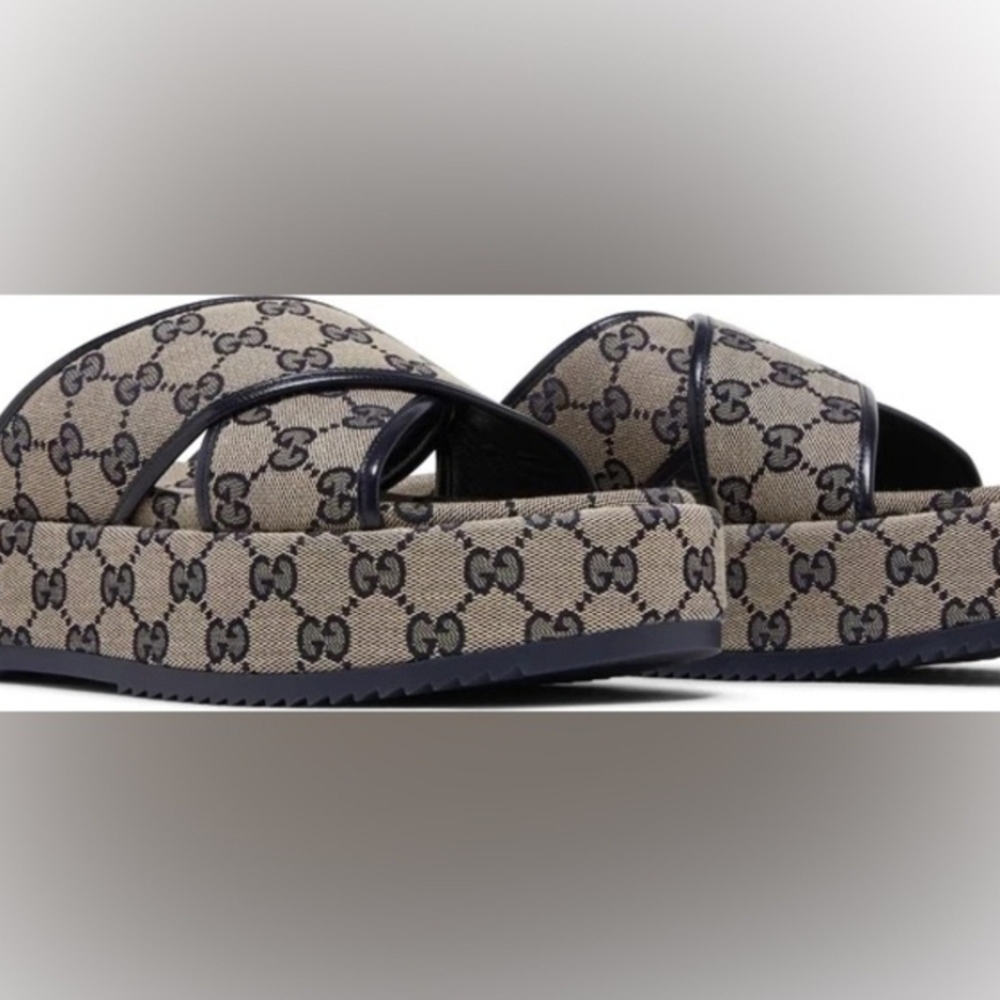 Gucci Tan and Black Logo Sandals